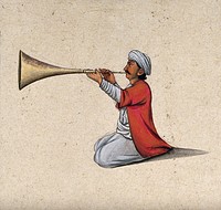 An Indian musician playing a brass wind instrument. Gouache painting by an Indian artist.