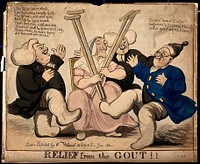 Two old gouty men dancing with bandaged legs, an old nurse is holding their crutches, behind her is a gleeful doctor. Coloured aquatint, 1801.