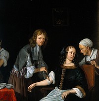 A surgeon binding up a woman's arm after bloodletting. Oil painting by Jacob Toorenvliet, 1666.