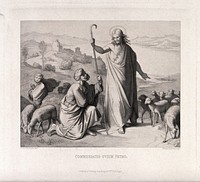 Jesus appoints Peter as head of his church, symbolised by a flock of lambs. Engraving by F. Keller after J.F. Overbeck.