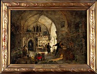 An alchemist in his laboratory. Oil painting by James Nasmyth.