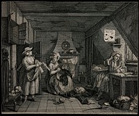 The distressed poet is visited in his abode by an angry milkmaid collecting outstanding money. Engraving by W. Hogarth.