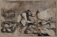 G.W. Wardle, an ape-like figure scavenging with a rake and a lantern, followed by pigs and ducks, stumbles across a decapitated corpse. Aquatint, 1811.