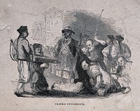 A Chinese man wearing a cangue (portable pillory) and a Chinese man lying on the ground, being whipped. Wood engraving, ca. 1860.