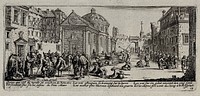 Maimed soldiers dragging themselves to a hospital. Etching, 1730, after Jacques Callot, ca. 1633.