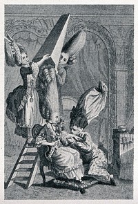 A woman having her extraordinarily high wig covered with a protective cone by a maidservant and hair-dresser mounting a step-ladder; the woman's lover, who also wears a high wig and protective cover, sits at her feet. Reproduction of an engraving.