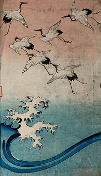 Six cranes flying upward above a breaking wave. Colour woodcut by Hiroshige, 1858.