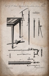 A mechanism to enable an armless person to write with a pen by operating a treadle with the foot. Engraving by G. Gladwin after R. Cocking, ca. 1820.