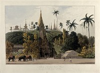Prome (Pyay), Burma: north view of the Great Pagoda. Coloured aquatint by William Daniell after James Kershaw, c. 1831.