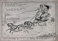 A young couple are riding in a coach pulled by four horses, the woman has the reins and her male companion looks uncomfortable. Etching.