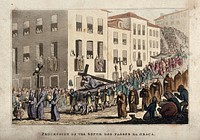 The procession in Lisbon of the Senhor dos Passos da Graça. Coloured aquatint by A.P.D.G., 1826.