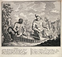 An episode in the childhood of the young Harlequin. Etching by G.J. Xavery.