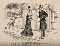 A well dressed lady asking a doctor how one of his patients is, he retorts that the patient is no longer in his care, the relieved lady replies she is glad the patient is now out of danger. Wood engraving by C.E. Brock, 1901.