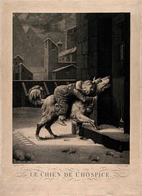 A St. Bernard dog brings an avalanche victim to a hospice in the Alps. Stipple engraving by Dibart Castel, 1820, after P.A.A. Vafflard.