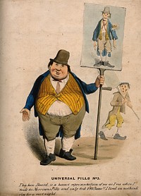 An obese man exhibiting a placard of himself looking extremely thin, demonstrating the effectiveness of J. Morison's pills. Coloured lithograph.