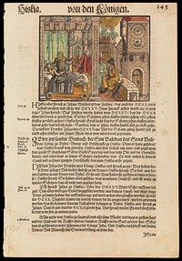 King Hezekiah on his sickbed asks Isaiah for a sign that he will recover. Coloured woodcut, 15--.