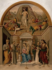 The Virgin with Christ Child enthroned with Saints Peter, Francis, Dominic and John the Baptist; above, the Resurrection of Christ. Chromolithograph by L. Gruner after G. Sanzio.