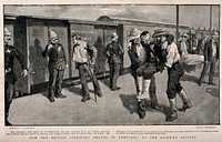 Boer War: British wounded prisoners and the Boer wounded arriving at Pretoria station. Process print after F.C. Dickinson after a photograph.