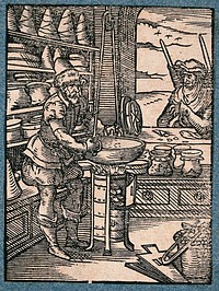 A man is working at a large bowl over a fire, a man at the window is offering to buy his wares. Woodcut by J. Amman.
