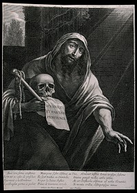 Jonah holding a skull. Etching.