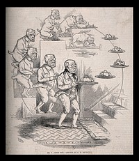 The evolution of a dog and bone into a butler bearing a silver serving-dish; representing Darwin's theories. Wood engraving after C. Bennett, 1863.