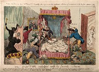 Dr Richard Price kneeling on a large crown (with a demon on his back) to look through a peep-hole at a group of ruffians ransacking Marie Antoinette's bedroom; representing a speech by Price which allegedly advocated the French Revolution. Coloured etching by I. Cruikshank, 1790 .
