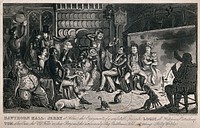 Tom and Jerry at Jerry's house in Somerset with their companions seated around a fireplace, with a man reading something amusing. Aquatint by R. Cruikshank, 1830.