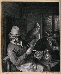 A man sitting indoors with tobacco pipe, jar and beer jug, behind a woman watches two card players. Engraving by Merot, junior, after A. van Ostade.