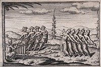 Javanese dancers, with men on the left and women on the right, accompanied by a musician. Engraving by T. de Bry.