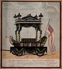 Lord Nelson's funeral car. Coloured pen and ink drawing by T. Houlden.