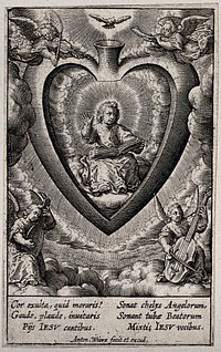 The Christ Child, in the believer's heart, beats the time from a songbook while angels accompany him with musical instruments. Engraving by A. Wierix, ca. 1600.