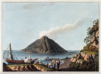 The island of Stromboli. Coloured aquatint, 1809, after Luigi Mayer.