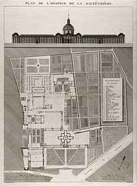 Hôpital de la Salpêtrière, Paris: including a detailed numbered plan. Line engraving by J.E. Thierry after E. Poulet Galimard, 1812.