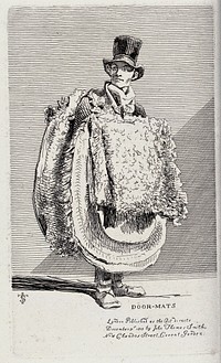 An itinerant salesman selling the doormats that are strapped to his chest. Etching by J.T. Smith, 1815.