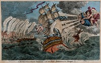 An East Indiaman (ship) buffeted by winds blown by four putti directed by the Earl of Buckinghamshire, President of the Board of Control. Coloured etching by C. Williams, 1813.