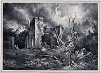 Mount Vesuvius: a building at Ottajano destroyed by lava, 29 August 1834. Lithograph by F. Wenzel after H. Oates, 1834.