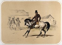 A horse bites the shin of its grimacing rider, in a stable-yard; the stable owner  and two other men look on in horror. Coloured lithograph by A. Strassgschwandtner after himself, ca. 1860.