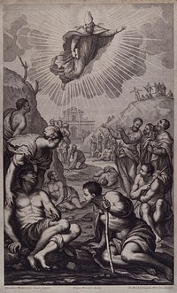 Saint Augustine of Hippo healing the sick. Engraving by G.A. Lorenzini after F. Petrucci after J. Robusti, il Tintoretto.