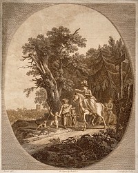 A woman in fine clothes riding a horse gives a coin to a poor family on a country road tin a mountainous region of England. Etching by F. Bartolozzi and T. Morris after J.J. Barralet.