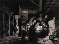 The adoration of the shepherds in a darkened barn. Aquatint with etching by D. Vivant-Denon after N. Maes.