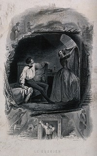 The poet P.J. Béranger at the age of twenty sits on the bed in his garret while his girfriend Lisette covers the window with a shawl in the lack of a curtain. Engraving by C.L.V. Mauduit, 1847, after H. Pauquet.