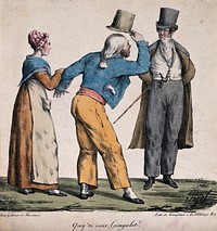 A louche man approaches a well-dressed man who has looked at hs girlfriend and asks him "What do you want, clown". Coloured lithograph by E.J. Pigal. 1822.
