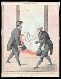 Two physicians outside the bedroom of a desperately sick man: each physician invites the other to enter first. Coloured lithograph by J.B., 18--.