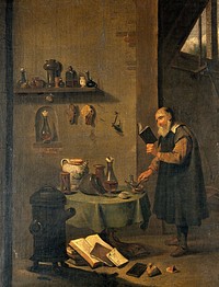 An alchemist in his laboratory. Oil painting after David Teniers the younger.