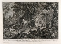 Adam names the animals in the Garden of Eden. Etching by J.E. Ridinger after himself, c. 1750.