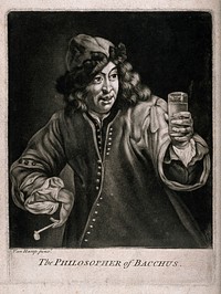 A man in a fur cap holding a drinking glass in one hand and a pipe in the other. Mezzotint after G. van Herp , mid 17th century.
