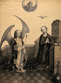 The angel, announcing the birth of Christ, comes with a sceptre to the Virgin. Tinted lithograph by N.J. Strixner, 1821, after School of Meister Wilhelm.
