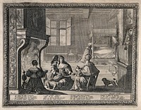 A woman wrapping a baby in swaddling bandages after breast feeding it, several other women and a small child sit with her. Engraving by A. Bosse.