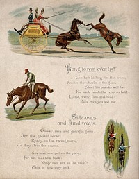 Above, a carriage horse baulks and kicks the horse behind; centre, a baulking race horse; below, two race horses with jockeys. Chromolithograph.