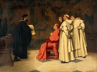"Gabriel Falloppius [Fallopius] explaining one of his discoveries to the Cardinal Duke of Ferrara". Oil painting by Francis James Barraud.